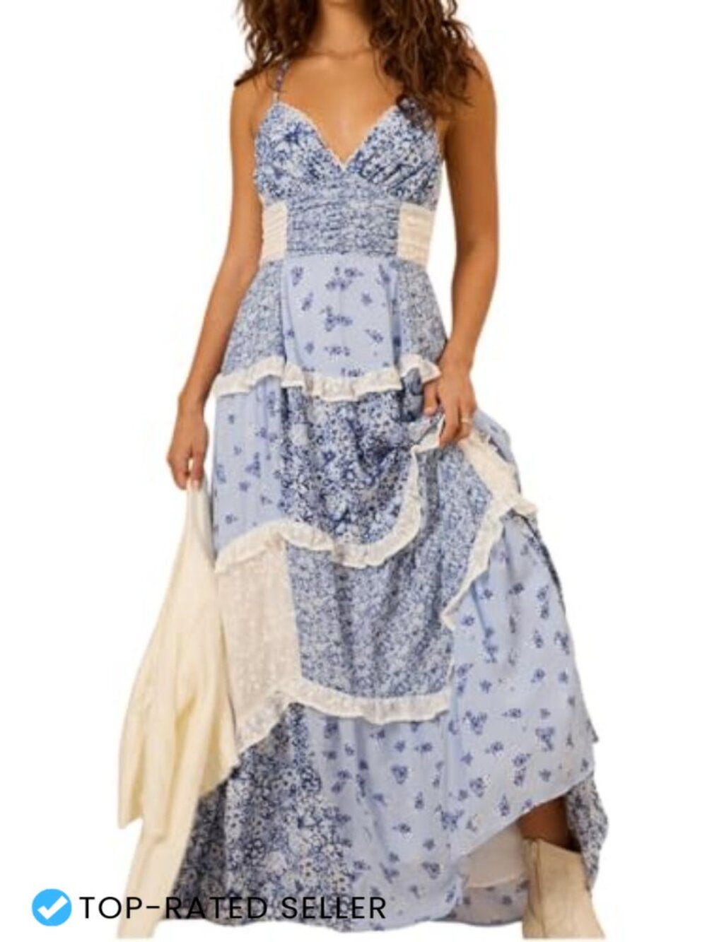 Floral Lace Patchwork Maxi Dress Spaghetti Strap Backless Ruffle Tiered